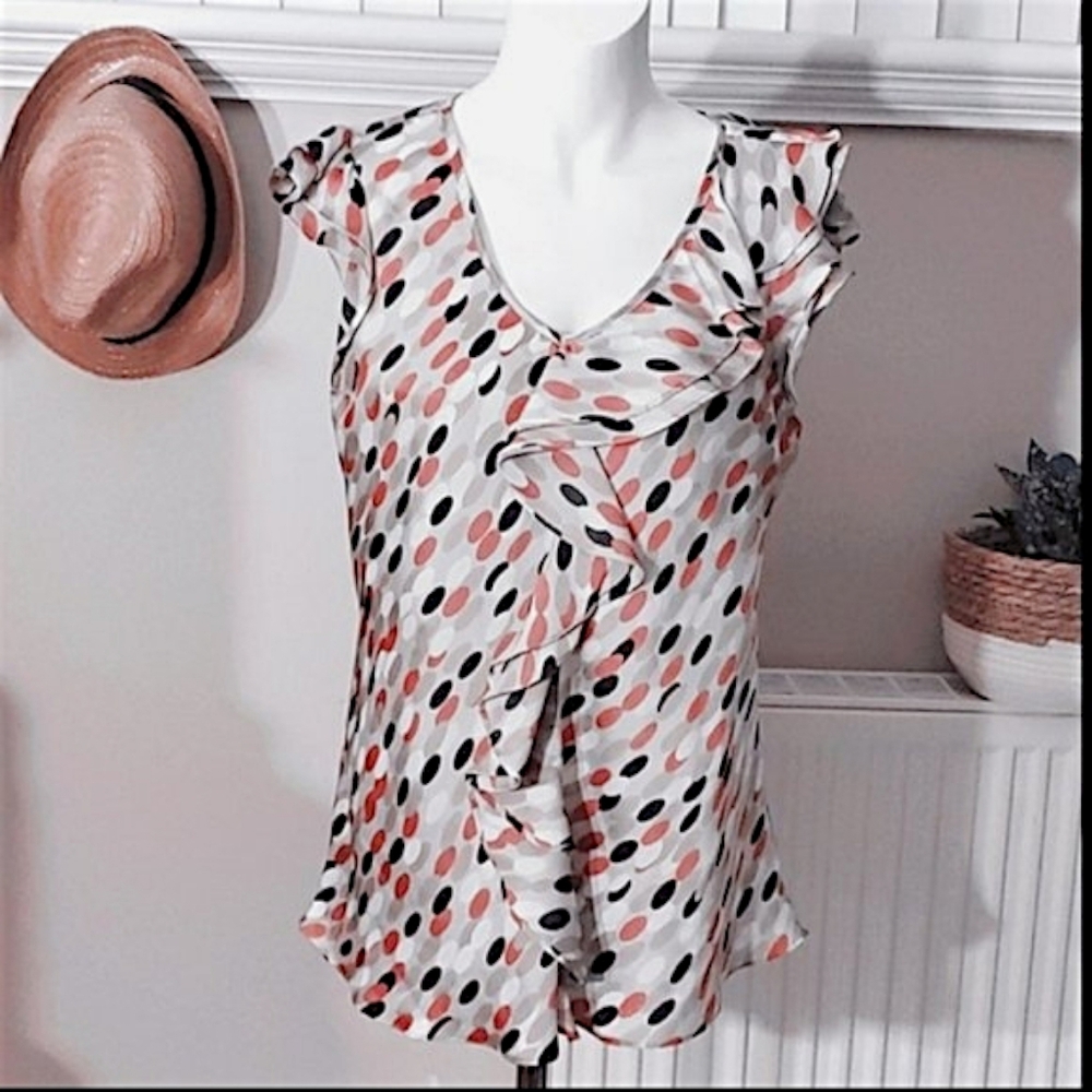Exclusive Signature By Larry Levine Cute Ruffled Flutter Polka Dot Blouse